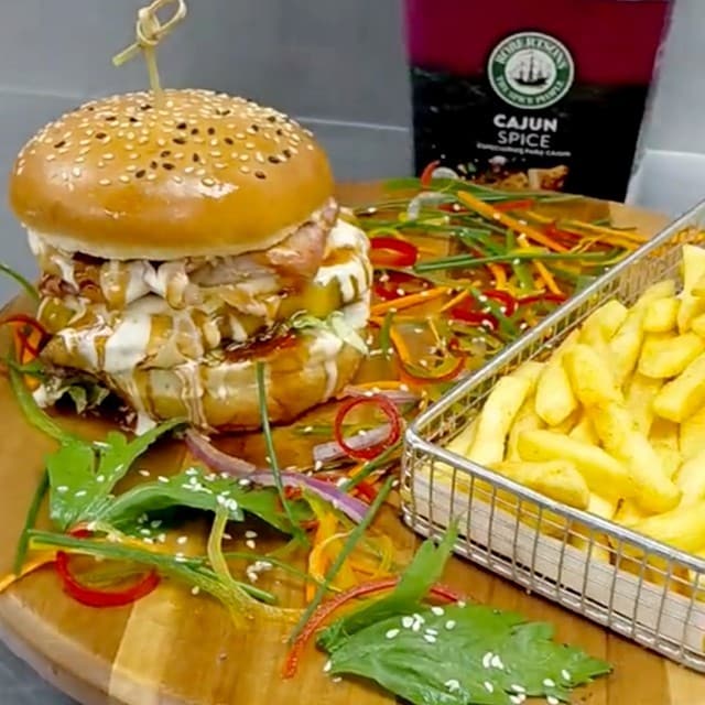 Beef Hamburger and Spiced Chips